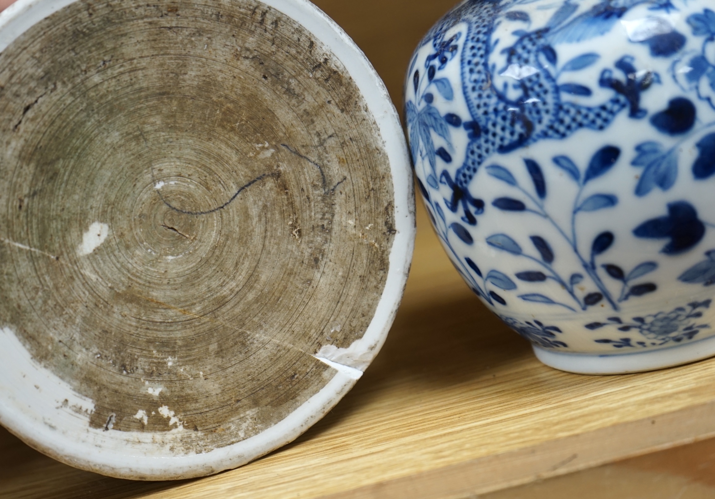 A pair of Chinese blue and white double gourd shaped vases, 19th century and a large export tankard, 18th century, largest 19cm high. Condition - poor